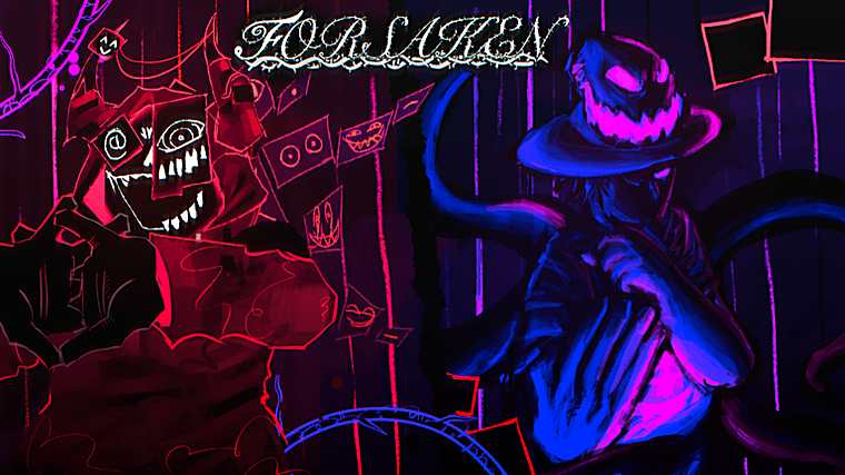 Two illustrated killers, one red and one blue, either side of the Forsaken logo